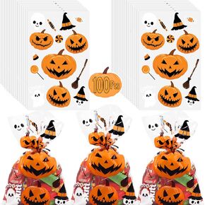 AnapoliZ Halloween Treat Bags | 100 pcs (6" x 9" Inch) |2.5 Mil Crystal Clear Cellophane Bags with Fun Scary Designs | Pumpkins, Witches Cello Bags | Halloween Party Decorations, Spooky Treat Bags