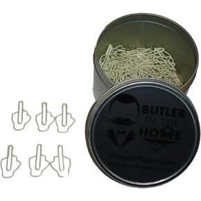 Butler in the Home 100 Count Middle Finger Shaped Paper Clips Great for Paper Clip Collectors or Office Gift - Comes in Round Tin with Lid and Gift Box - Silver Metal