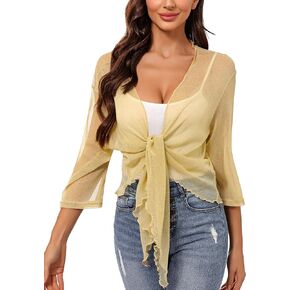 Totatuit Womens Shiny Sheer 3/4 Sleeve Shrug Tie Bolero Top Open Front Mesh Cardigan Lightweight