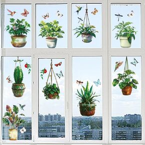 6 Sheets Green Jungle Leaves Window Stickers, Static Window Decals Removable Window Clings for Home Living Room Balcony Kitchen Florist Cafe Window Decoration Sliding Glass Door Decor