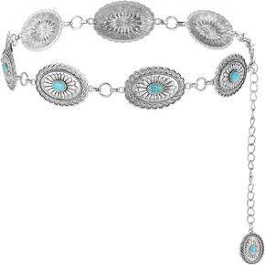 Western Metal Turquoise Chain Belt for Women, Boho Waist Chain Cowgirl Belts Adjustable Country Belts for Jeans Dresses