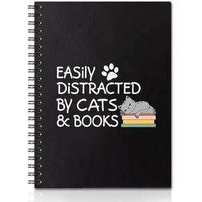 Easily Distracted By Cats And Books Hardcover 160 Pages Blank Spiral Notebooks, Cute Notebook Gift for Book Lover Cats lover, Gift for Teacher Librarian, Back to School Gifts
