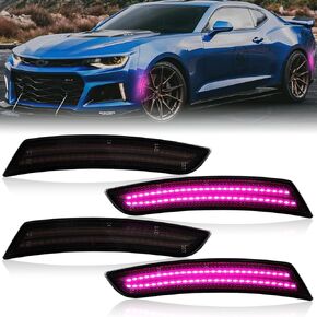 Front Rear Bumper Fender LED Side Marker Light Kits 4 Pack Compatible With Chevy Camaro 2016 2017 2018 2019 2020 2021 2022 2023 LED Bumper Side Marker Lamps Smoked Lens Pink Purple