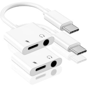 2 Pack iPhone 15 Headphone Adapter Splitter, 2 in 1 USB Type C to 3.5mm Headphone Jack Aux Audio + Charger Dongle Adapter for iPhone 15/15 Plus/15 Pro/15 Pro Max, Galaxy S24/S23/S22 Ultra, iPad Pro