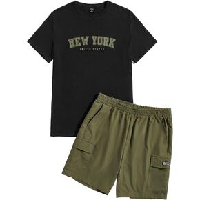 GORGLITTER Men's 2 Piece Outfits Letter Graphic T-Shirts and Cargo Short Sets with Pockets
