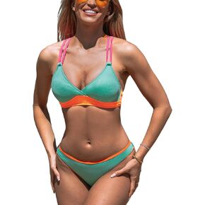 CUPSHE Women's Bikini Sets Two Piece Bathing Suit V Neck Crisscross Back Tie Color Block Low Rise