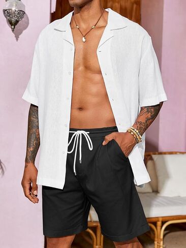 PASLTER شورت رجالي كاجوال من القطن بخصر مطاطي شورت صيفي للشاطئ برباط أمامي مسطح مطوي in Kuwait