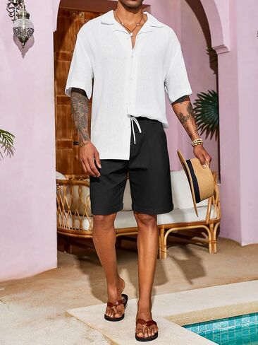 PASLTER شورت رجالي كاجوال من القطن بخصر مطاطي شورت صيفي للشاطئ برباط أمامي مسطح مطوي in Kuwait