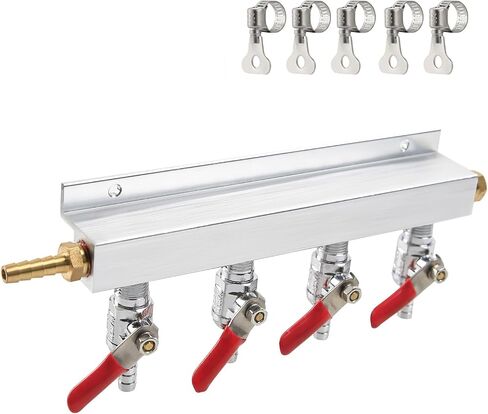 Roastove 4-Way Gas Manifold CO2 Distributor Manifold 5/16 inch Barb/Stem Splitter Beer Integrated Check Valves Homebrew Beer Making Brewing Tool-CO2 gas input at LEFT side+5CLAMPS in Saudi Arabia