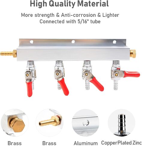 Roastove 4-Way Gas Manifold CO2 Distributor Manifold 5/16 بوصة Barb/Stem Splitter Beer متكاملة فحص الصمامات البيرة البيرة صنع أداة تخمير - مدخل غاز ثاني أكسيد الكربون في الجانب الأيسر + 5 مشابك in Kuwait