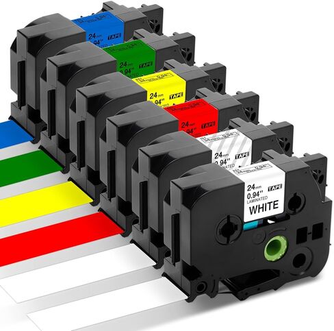 شريط ملصقات Fimax 6 عبوات Tz 24 مم 0.94 بوصة متوافق مع Brother Tze-151 Tze-251 Tze-451 Tze-551 Tze-651 Tze-751 Tze شريط ملون مقاس 1 بوصة لصانع الملصقات Brother Ptouch PT-D600 PT-D610BT PT-P710BT in Kuwait