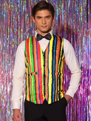 Lars Amadeus Rainbow Suit Vest for Men's Single Breasted V Neck Colorful Stripes Waistcoat in Saudi Arabia