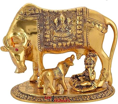 Whitewhale Large Gold Elegant Kamdhenu Cow and Calf Metal Statue Spiritual Showpiece in Saudi Arabia