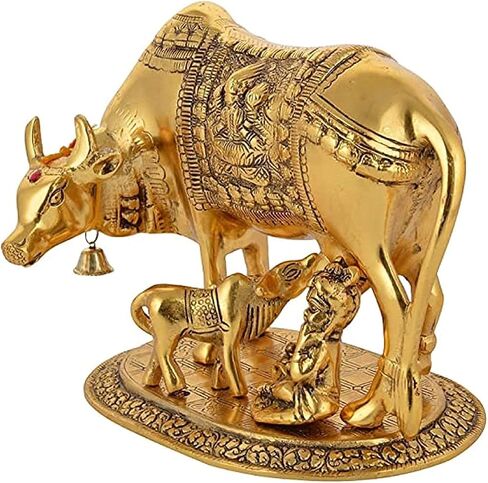 Whitewhale Large Gold Elegant Kamdhenu Cow and Calf Metal Statue Spiritual Showpiece in Saudi Arabia