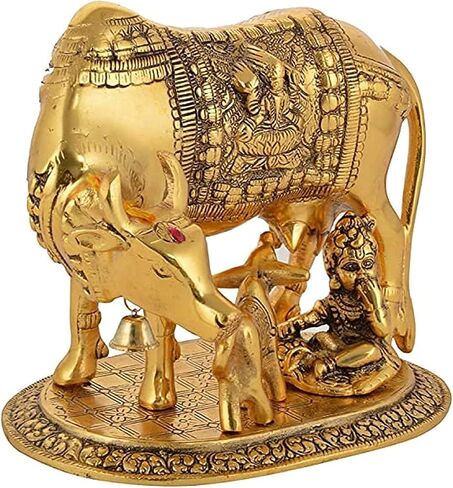 Whitewhale Large Gold Elegant Kamdhenu Cow and Calf Metal Statue Spiritual Showpiece in Saudi Arabia