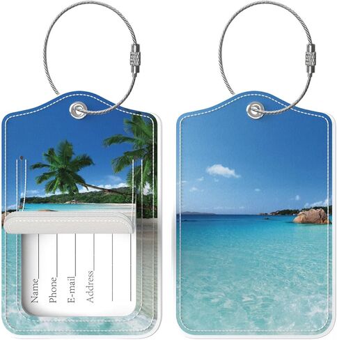 Audimi 2 قطعة من بطاقات الأمتعة، علامات حقيبة مع حلقة من الفولاذ المقاوم للصدأ لحماية الخصوصية وبطاقة عنوان للنساء والرجال والفتيات حقيبة سفر، الشاطئ in Kuwait