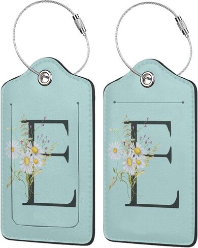 2 Pack Blue Luggage Tag for Suitcase, Black Letter B Boho Flowers Leaves Floral Pu Leather Suitcase Tag with Loop & Privacy Cover Name Id Label for Bags and Backpacks Baggage Suitcase Identifiers in Saudi Arabia