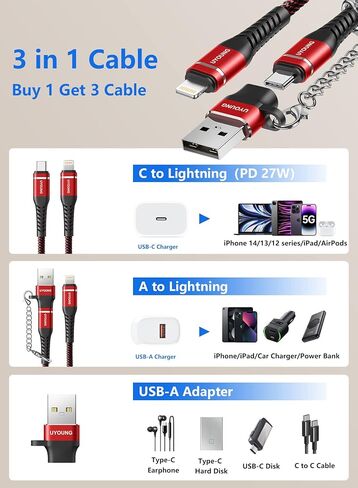 USB C to Lightning Cable 6FT 2Pack MFi Certified iPhone Fast Charger Nylon Type C iPhone Cord and USB-C to A Adapter with Keychain Compatible with iPhone 14 13 12 11 Pro Max XS XR X 8 7 6 Plus iPad… in Kuwait