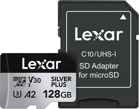 بطاقة ذاكرة Lexar 128GB Professional Silver Plus microSDXC مع محول SD، UHS-I، C10، U3، V30، فيديو عالي الدقة و4K، سرعة قراءة/كتابة تصل إلى 205/150 ميجابايت/ثانية، لمصوري الفيديو واللاعبين (LMSSIPL128G-BNANU) ) in Kuwait