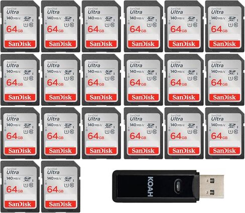 بطاقة ذاكرة SanDisk 64 جيجابايت Ultra Class 10 140 ميجابايت/ثانية UHS-I SDXC (20 حزمة) مع قارئ بطاقة ذاكرة 2 في 1 USB 3.0 (21 عنصرًا) in Saudi Arabia