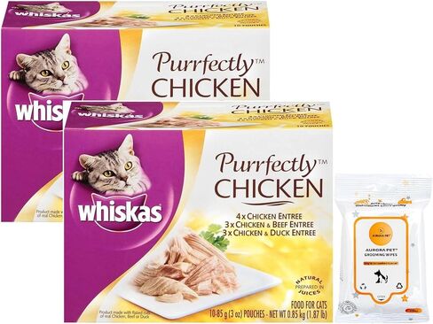 Bundle (2) Whiskas Purrfectly Chicken Variety (10-Count) 3 Ounces Wet Cat Food Favorites with AuroraPet Wipes in Saudi Arabia