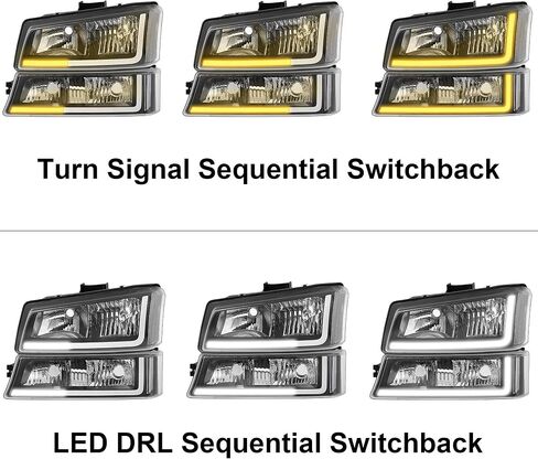 مجموعة مصابيح أمامية مضادة للضباب مع ضوء الانعطاف المتسلسل LED DRL مناسب لـ 03 04 05 06 Chevy Silverado Avalanche 1500 2500 3500/07 Classic (مبيت أسود وعاكس شفاف) in Kuwait