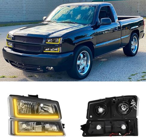 مجموعة مصابيح أمامية مضادة للضباب مع ضوء الانعطاف المتسلسل LED DRL مناسب لـ 03 04 05 06 Chevy Silverado Avalanche 1500 2500 3500/07 Classic (مبيت أسود وعاكس شفاف) in Kuwait