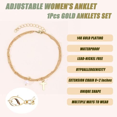 أساور الكاحل الذهبية للنساء، مجموعة خلخال سلسلة كوبية مقاومة للماء مطلية بالذهب عيار 14 قيراط، أساور خلخال ذات طبقات للنساء هدية للشاطئ بحجم قابل للتعديل in Kuwait