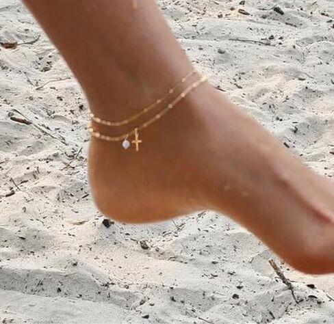 أساور الكاحل الذهبية للنساء، مجموعة خلخال سلسلة كوبية مقاومة للماء مطلية بالذهب عيار 14 قيراط، أساور خلخال ذات طبقات للنساء هدية للشاطئ بحجم قابل للتعديل in Kuwait