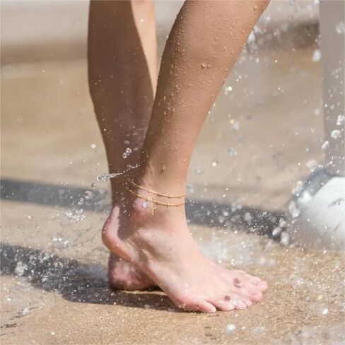 أساور الكاحل الذهبية للنساء، مجموعة خلخال سلسلة كوبية مقاومة للماء مطلية بالذهب عيار 14 قيراط، أساور خلخال ذات طبقات للنساء هدية للشاطئ بحجم قابل للتعديل in Kuwait