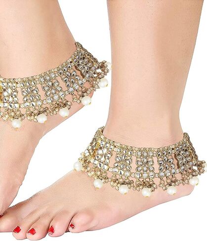 Aheli Set of 2 Indian Traditional Faux Kundan Designer Anklets Ethnic Wedding Fashion Jewelry for Women Green in Saudi Arabia