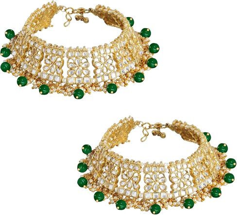 Aheli Set of 2 Indian Traditional Faux Kundan Designer Anklets Ethnic Wedding Fashion Jewelry for Women Green in Saudi Arabia