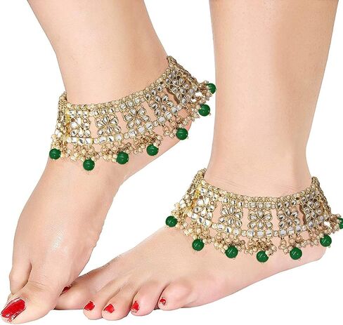 Aheli Set of 2 Indian Traditional Faux Kundan Designer Anklets Ethnic Wedding Fashion Jewelry for Women Green in Saudi Arabia