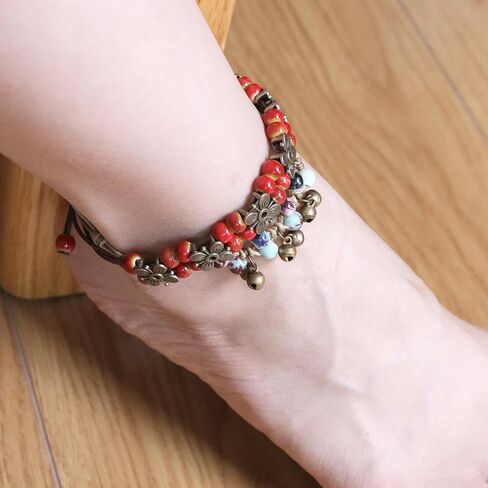 JeanBeau Boho Pottery Seed Beads String Anklets Set for Women Teen Girls – Adjustable Waterproof Rope Vintage Handmade Stackable Beach Braided Clover Star Bell Beaded Stone Bracelet ankle Friendship Summer Jewelry Friends Gift in Saudi Arabia