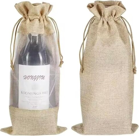 أكياس هدايا Wanna Wobba Burlap Jute Wine مع رباط ونافذة أمامية شفافة من السيلوفان، مجموعة من 12 قطعة، قماش هسي قابل لإعادة الاستخدام لزجاجة النبيذ لقضاء العطلات وحفلات الزفاف وأعياد الميلاد وحفلات الخطوبة والدفء المنزلي in Saudi Arabia