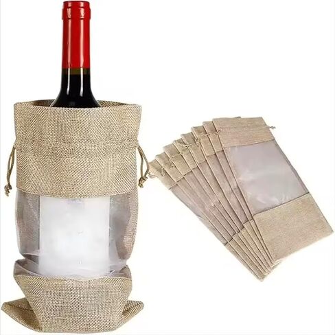 أكياس هدايا Wanna Wobba Burlap Jute Wine مع رباط ونافذة أمامية شفافة من السيلوفان، مجموعة من 12 قطعة، قماش هسي قابل لإعادة الاستخدام لزجاجة النبيذ لقضاء العطلات وحفلات الزفاف وأعياد الميلاد وحفلات الخطوبة والدفء المنزلي in Saudi Arabia