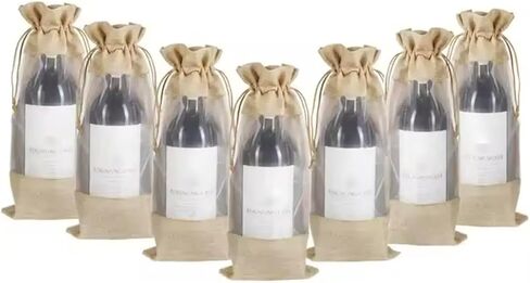 أكياس هدايا Wanna Wobba Burlap Jute Wine مع رباط ونافذة أمامية شفافة من السيلوفان، مجموعة من 12 قطعة، قماش هسي قابل لإعادة الاستخدام لزجاجة النبيذ لقضاء العطلات وحفلات الزفاف وأعياد الميلاد وحفلات الخطوبة والدفء المنزلي in Saudi Arabia