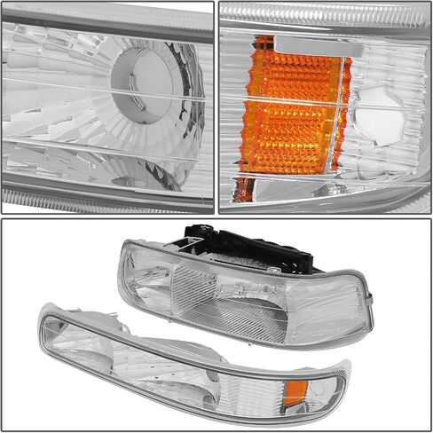 DNA MOTORING HL-OH-CS99-4P-CH-AB Chrome Amber Headlights Compatible with 99-02 Silverado 1500 00-06 Suburban 1500 / Tahoe, Bottom Bumper Lights Fit OE Grill in Saudi Arabia