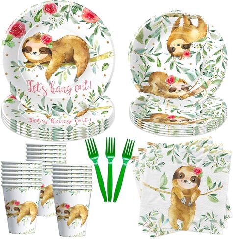 أطباق ومناديل عيد الميلاد من مستلزمات الحفلات للفتيات، أدوات مائدة لتزيين حمام الطفل الكسلان، طبق ورقي، كوب، منديل، شوكة، أواني طعام لتزيين عيد ميلاد حيوان الكسلان | يخدم 24 in Kuwait