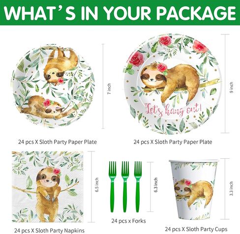 أطباق ومناديل عيد الميلاد من مستلزمات الحفلات للفتيات، أدوات مائدة لتزيين حمام الطفل الكسلان، طبق ورقي، كوب، منديل، شوكة، أواني طعام لتزيين عيد ميلاد حيوان الكسلان | يخدم 24 in Kuwait