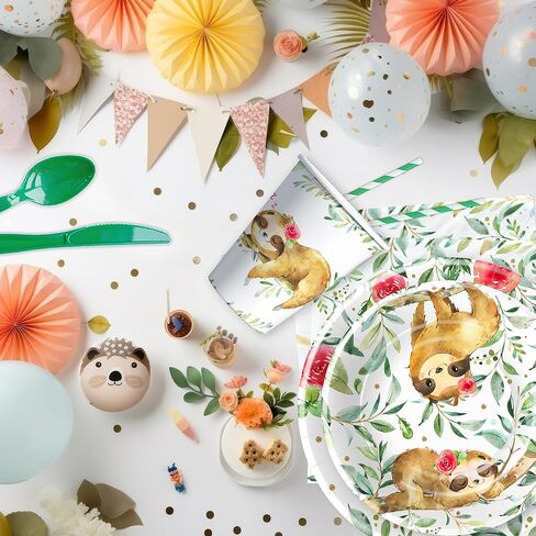 أطباق ومناديل عيد الميلاد من مستلزمات الحفلات للفتيات، أدوات مائدة لتزيين حمام الطفل الكسلان، طبق ورقي، كوب، منديل، شوكة، أواني طعام لتزيين عيد ميلاد حيوان الكسلان | يخدم 24 in Kuwait