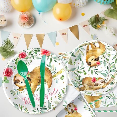 أطباق ومناديل عيد الميلاد من مستلزمات الحفلات للفتيات، أدوات مائدة لتزيين حمام الطفل الكسلان، طبق ورقي، كوب، منديل، شوكة، أواني طعام لتزيين عيد ميلاد حيوان الكسلان | يخدم 24 in Kuwait
