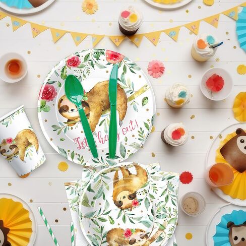 أطباق ومناديل عيد الميلاد من مستلزمات الحفلات للفتيات، أدوات مائدة لتزيين حمام الطفل الكسلان، طبق ورقي، كوب، منديل، شوكة، أواني طعام لتزيين عيد ميلاد حيوان الكسلان | يخدم 24 in Kuwait