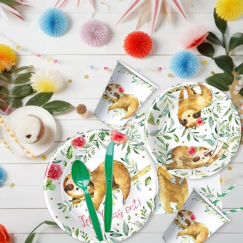 أطباق ومناديل عيد الميلاد من مستلزمات الحفلات للفتيات، أدوات مائدة لتزيين حمام الطفل الكسلان، طبق ورقي، كوب، منديل، شوكة، أواني طعام لتزيين عيد ميلاد حيوان الكسلان | يخدم 24 in Kuwait