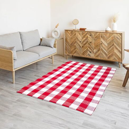 HOMEMONDE 3'x5' Buffalo Plaid Rug Washable Red and White Cotton Checked Area Rug Outdoor and Indoor for Living Room, Bedroom, Porch, Kitchen, Entryway in Saudi Arabia
