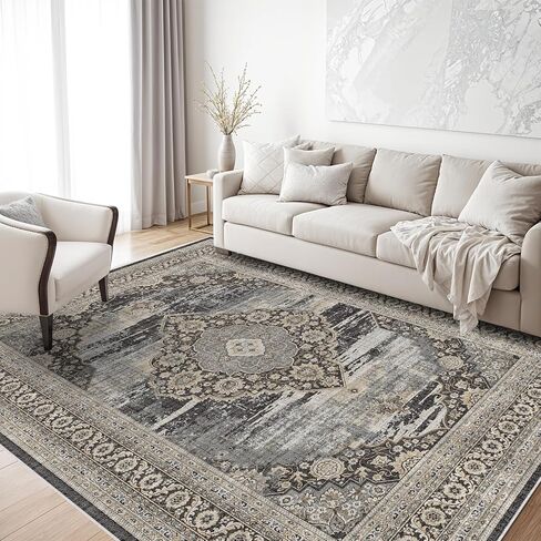 Area Rugs for Living Room Washable: 5x7 Bedroom Dining Room Rug - Vintage Distressed Printed Carpet - Thin Stain Resistant Carpets with Non Slip Backing Black 5x7 in Saudi Arabia