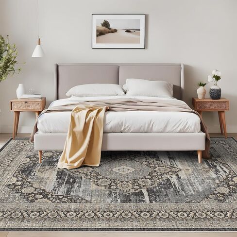 Area Rugs for Living Room Washable: 5x7 Bedroom Dining Room Rug - Vintage Distressed Printed Carpet - Thin Stain Resistant Carpets with Non Slip Backing Black 5x7 in Saudi Arabia