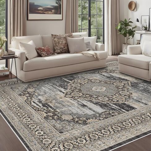 Area Rugs for Living Room Washable: 5x7 Bedroom Dining Room Rug - Vintage Distressed Printed Carpet - Thin Stain Resistant Carpets with Non Slip Backing Black 5x7 in Saudi Arabia