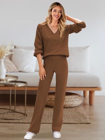 GOLDSTITCH Women's Two Piece Outfits Sweater Sets Long Sleeve Knit Pullover and Wide Leg Pants Sweatsuit in Kuwait