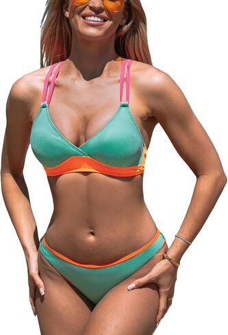 CUPSHE Women's Bikini Sets Two Piece Bathing Suit V Neck Crisscross Back Tie Color Block Low Rise in Saudi Arabia